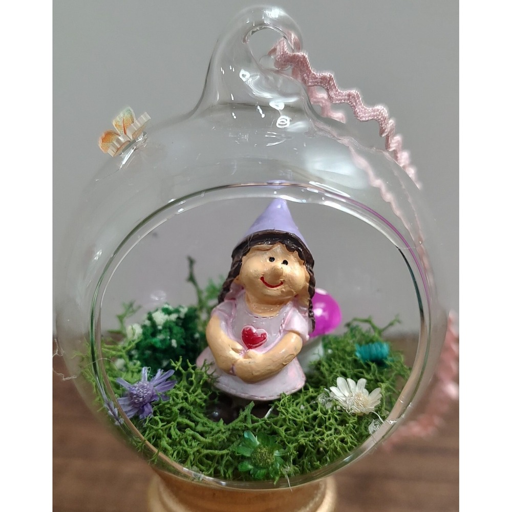 Garden Gnome Christmas Ornament Handmade Glass Diorama Terrarium Fairy Mushroom